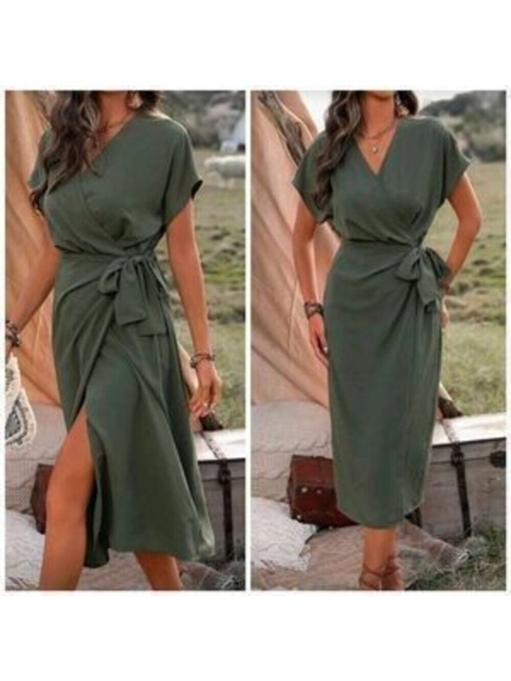 NEW Classic Wrap Tie Shirt Midi Dress Short Sleeve Olive Green